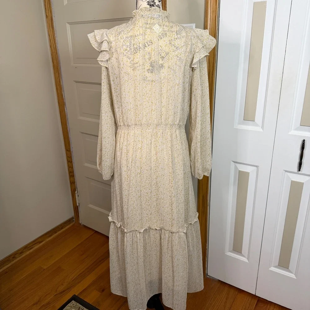 Whimsical Beige Microfloral Metallic Tiered Ruffled Prairie Maxi Dress LG o.p.t. - Picture 4 of 10